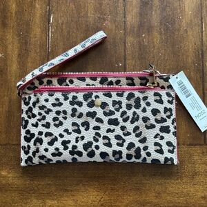 Chico’s Leopard Print Wristlet Clutch. 4 pockets. Large. With red accents